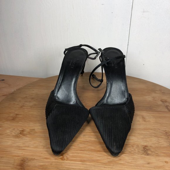 Gucci Heels Womens 38C US 7.5 Black Stilettos Ankle Strap Shoe Event Pointed Toe - Picture 3 of 15